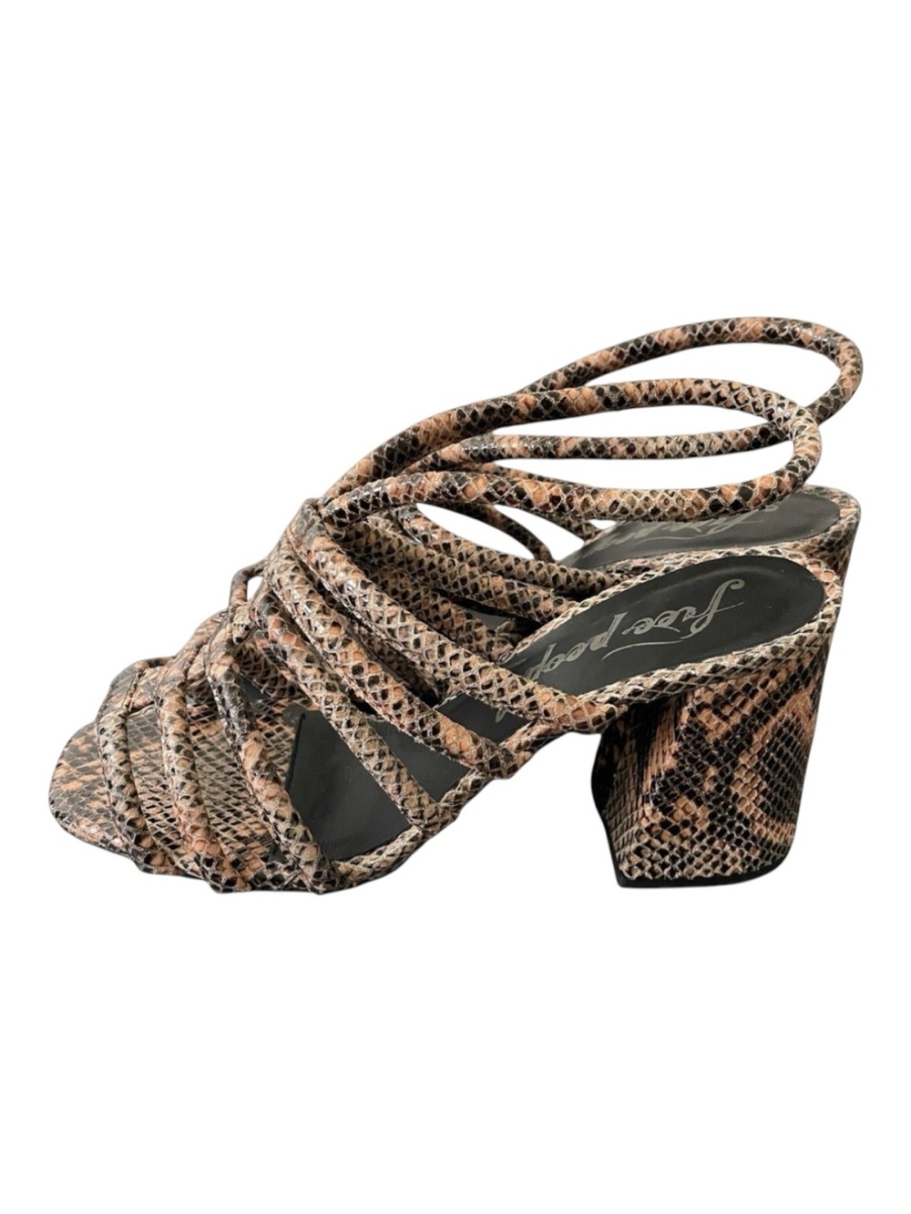Free People Collette Cinched Strappy Block Heels Sz EU 37.5 US 7.5 Snake Print